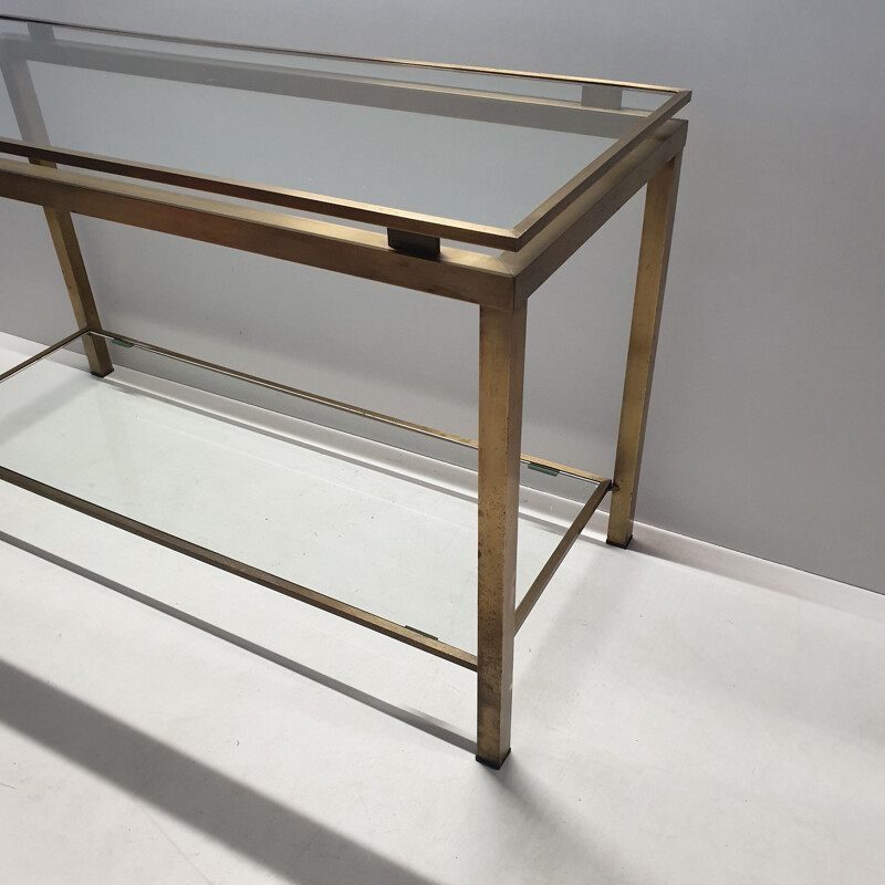 Vintage French 2-tiers brass and glass console table with patina, 1970s