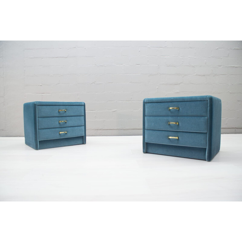 Set of 2 vintage blue velvet nightstands, 1960s