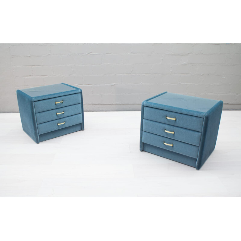 Set of 2 vintage blue velvet nightstands, 1960s