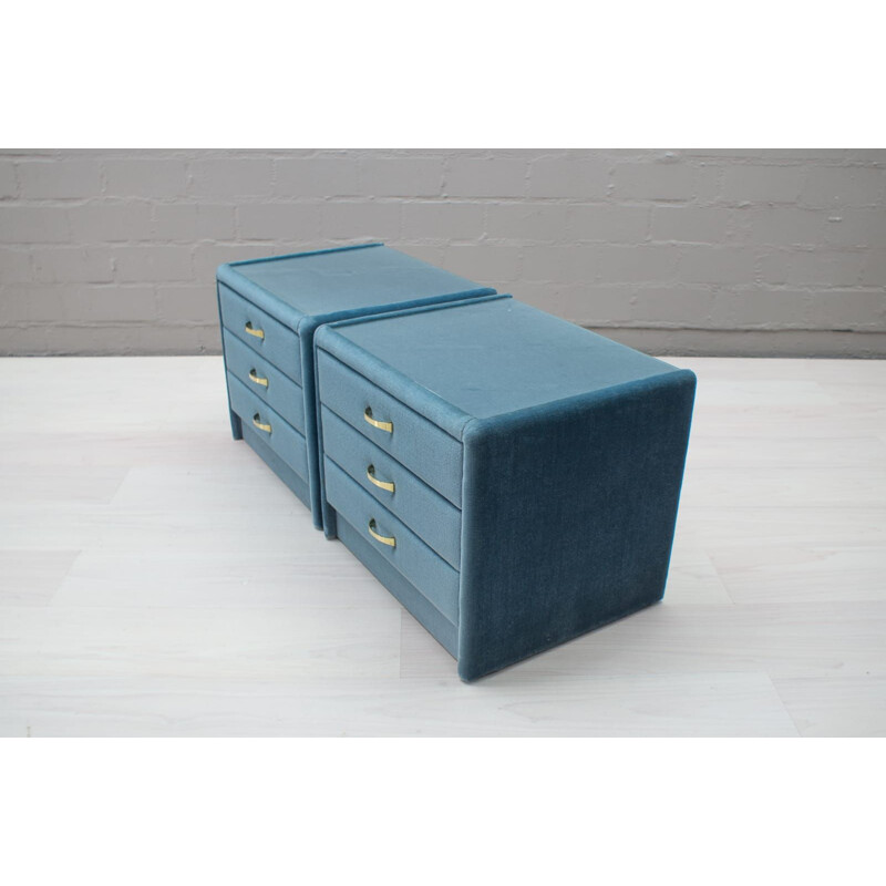 Set of 2 vintage blue velvet nightstands, 1960s