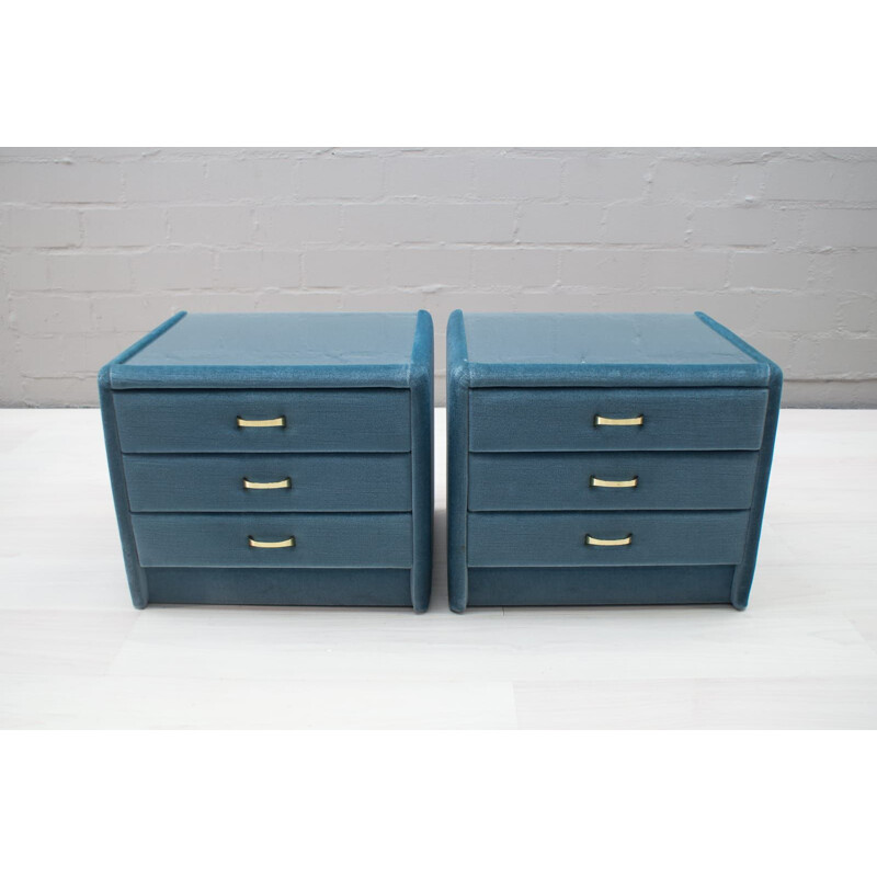 Set of 2 vintage blue velvet nightstands, 1960s