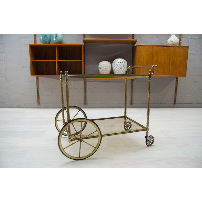 Vintage serving table in smoked glass and brass, France 1950