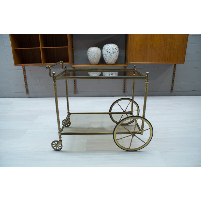 Vintage serving table in smoked glass and brass, France 1950