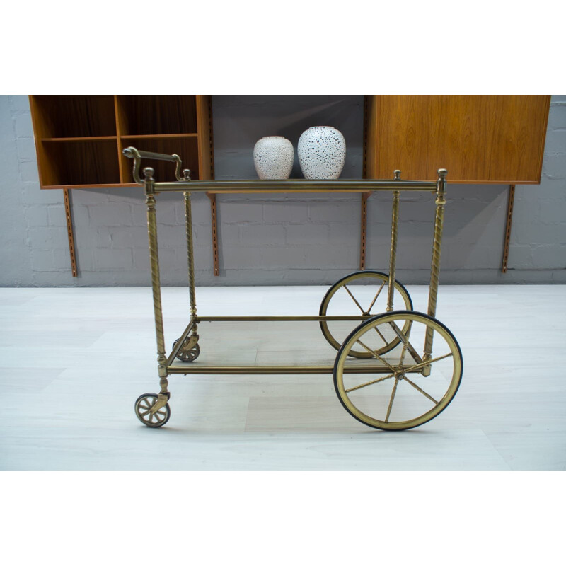 Vintage serving table in smoked glass and brass, France 1950