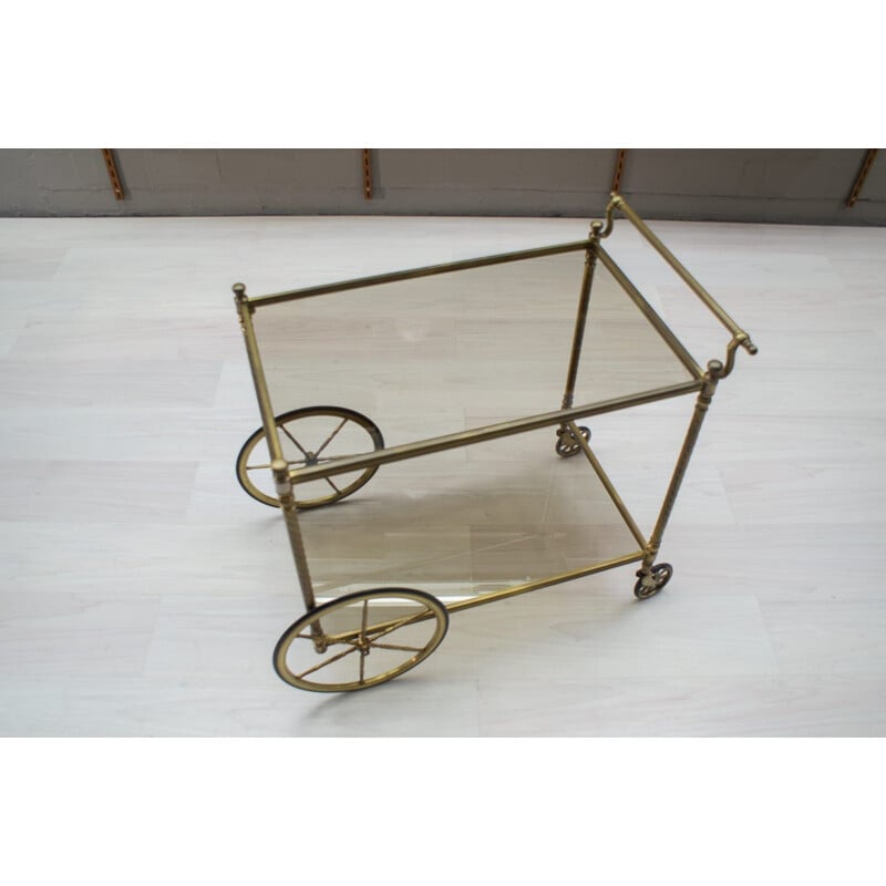 Vintage serving table in smoked glass and brass, France 1950