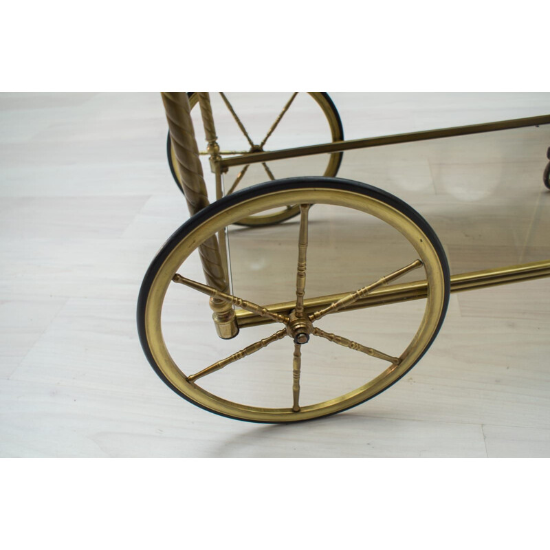 Vintage serving table in smoked glass and brass, France 1950