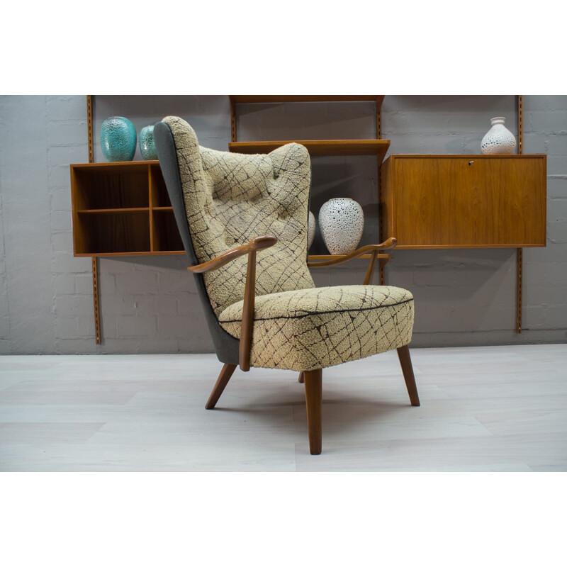 Vintage cocktail Wingback armchair in beige fabric 1950s