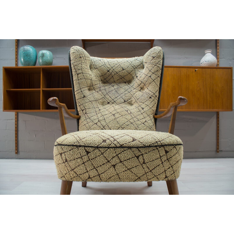 Vintage cocktail Wingback armchair in beige fabric 1950s