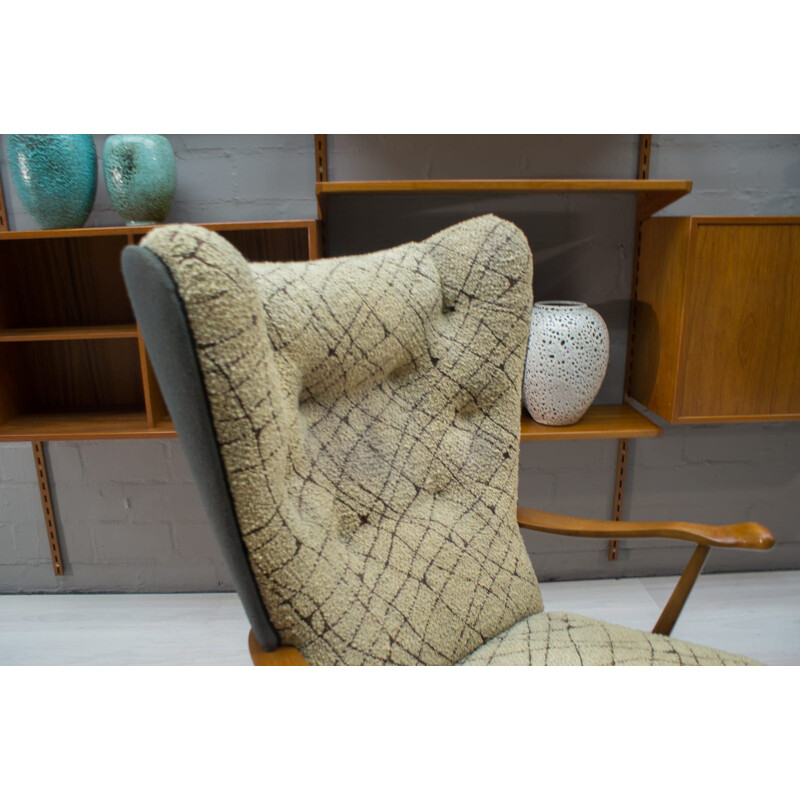 Vintage cocktail Wingback armchair in beige fabric 1950s