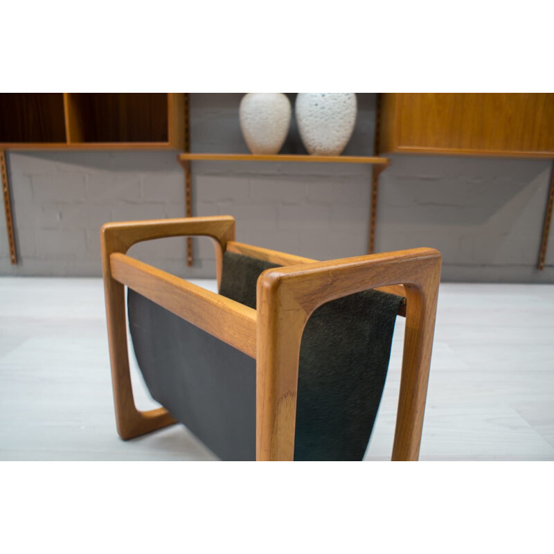 Vintage scandinavian magazine rack in teak and black leather 1970s