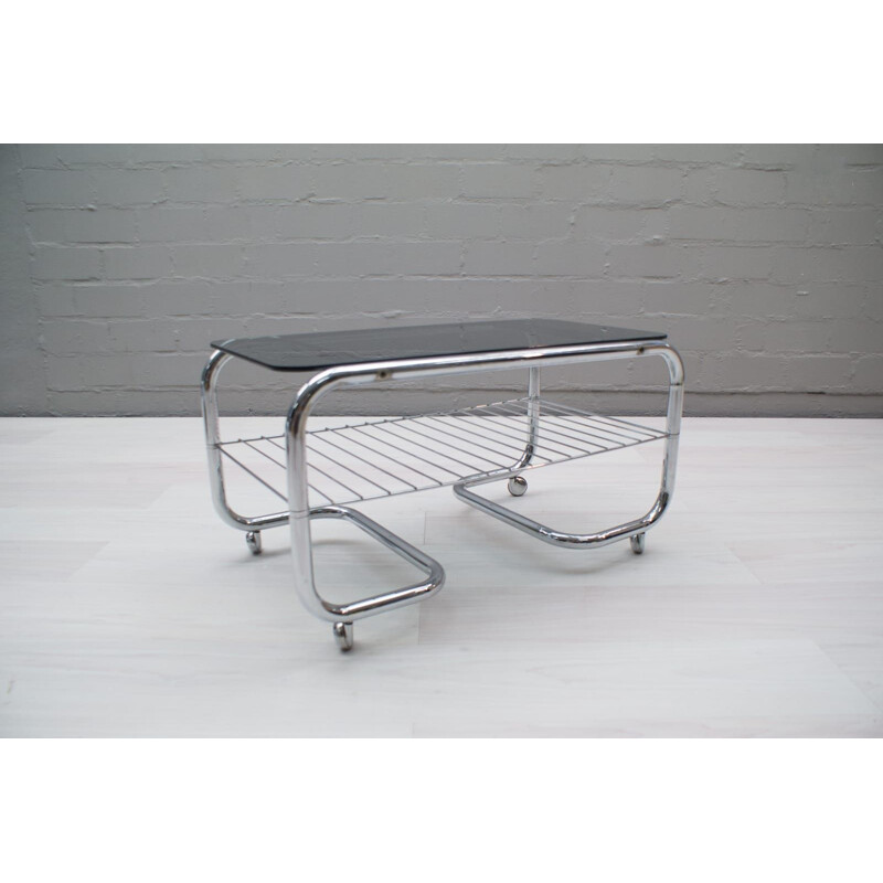 Vintage 2-Tier coffee table with wheels in chrome and smoked glass 1970s