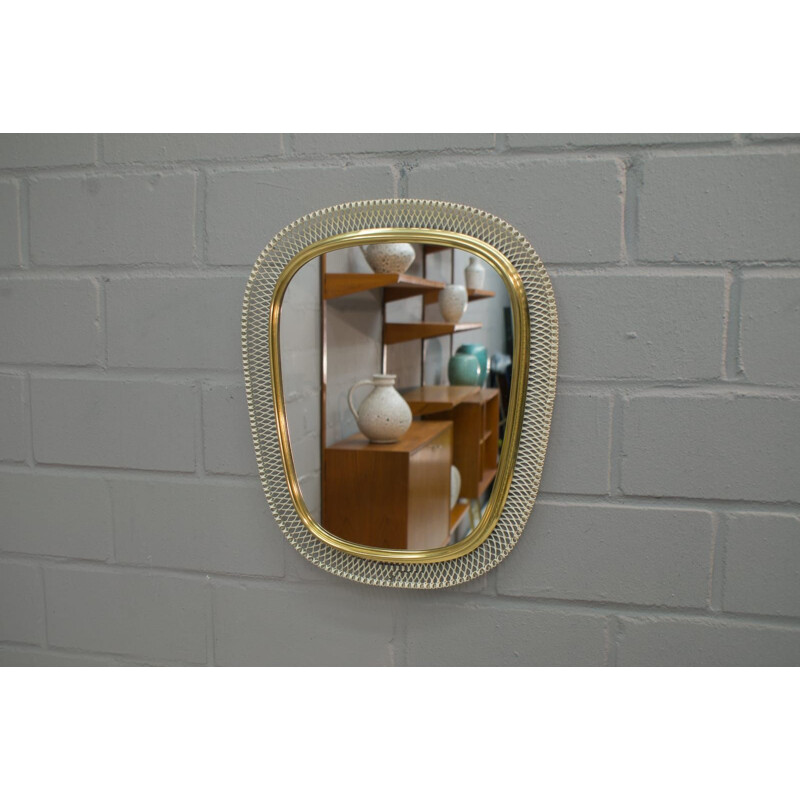 Espelho de parede de metal branco e dourado Vintage 1950