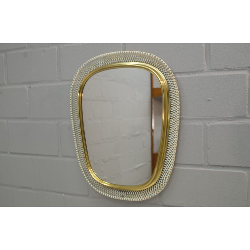 Espelho de parede de metal branco e dourado Vintage 1950