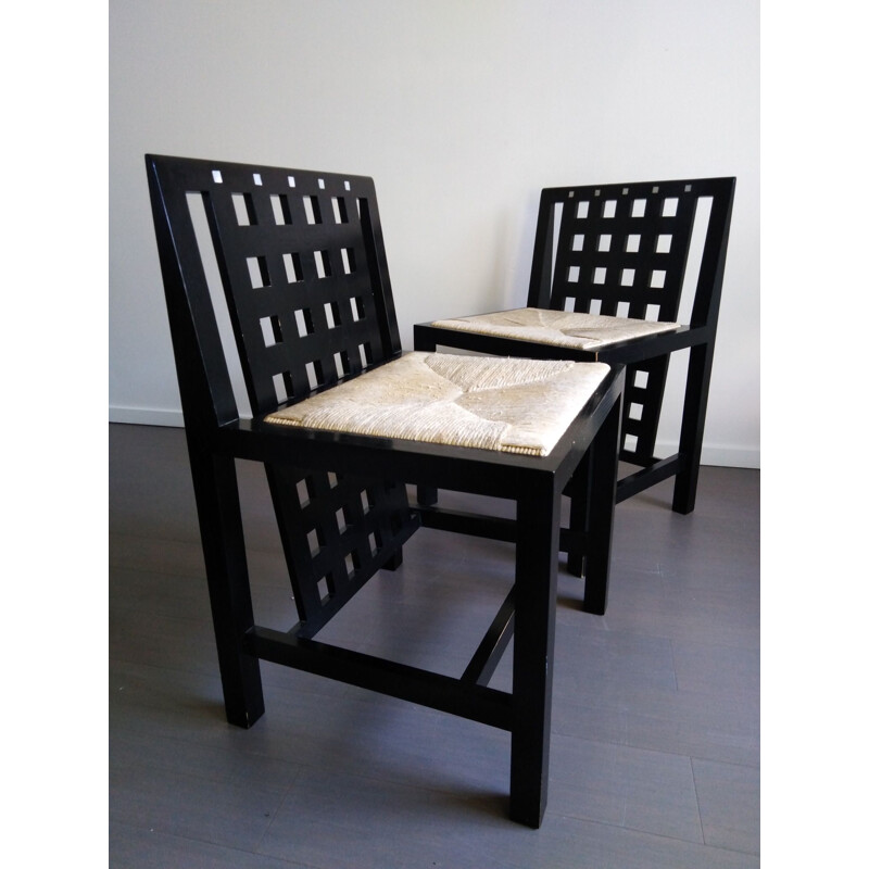 Pair of vintage chairs by Charles Rennie in black lacquered wood 1980s