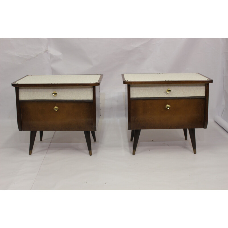 Pair of vintage french bedside tables in plywood 1960