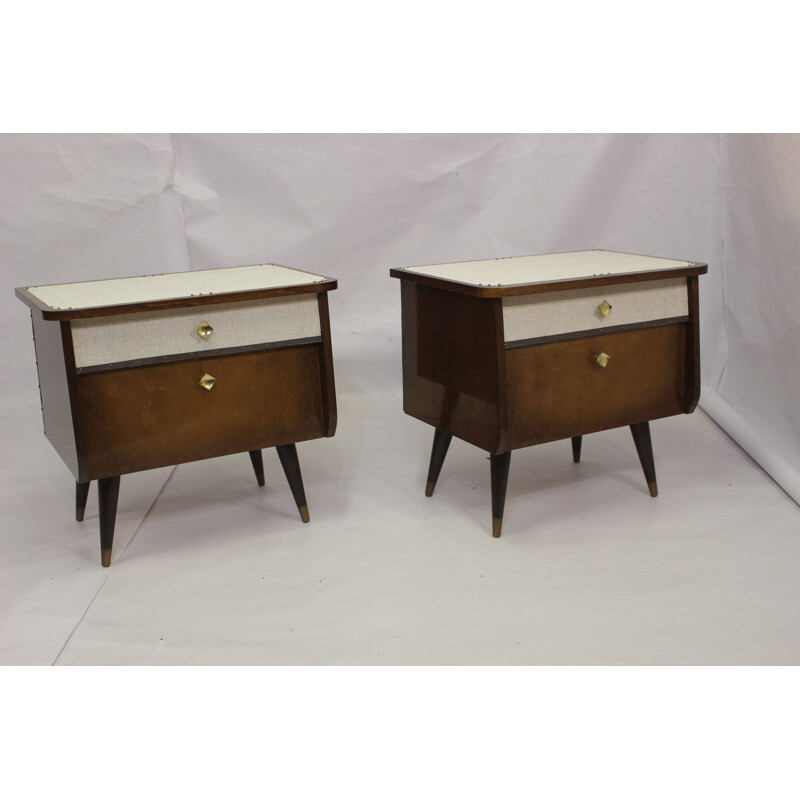 Pair of vintage french bedside tables in plywood 1960