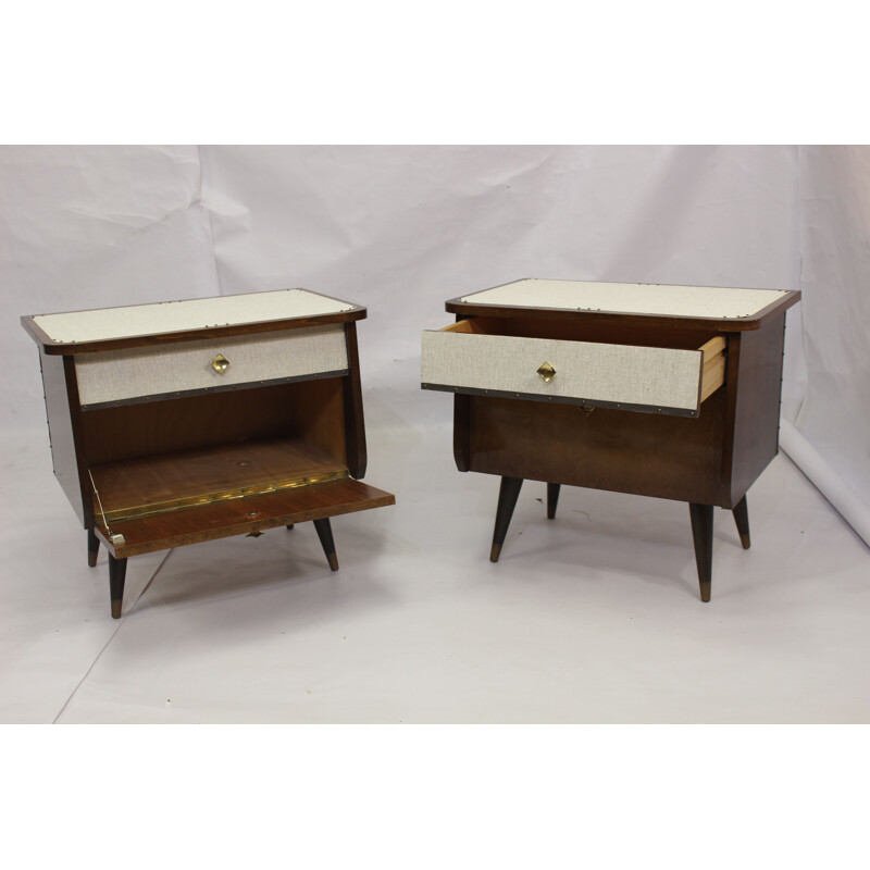 Paire de tables de chevet vintage françaises en bois contreplaqué 1960