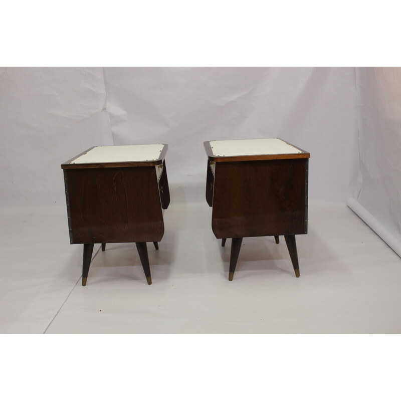 Pair of vintage french bedside tables in plywood 1960