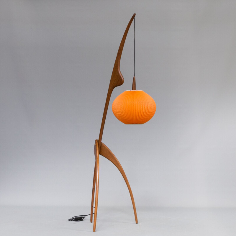 Vintage orange Praying Mantis floorlamp for Rispal France in walnut 1950s