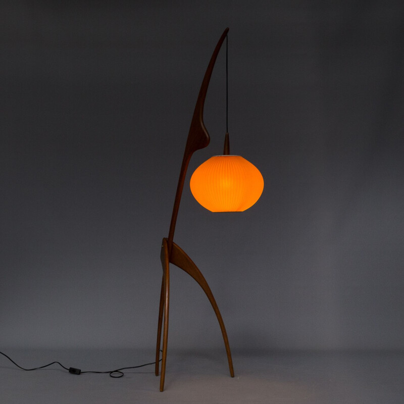 Vintage orange Praying Mantis floorlamp for Rispal France in walnut 1950s