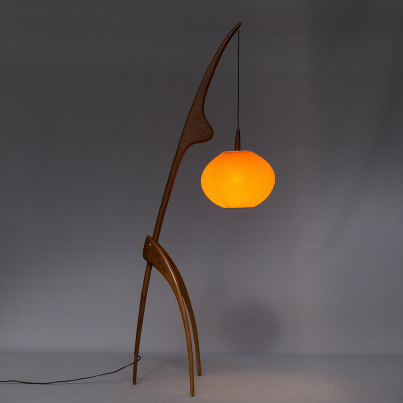 Vintage orange Praying Mantis floorlamp for Rispal France in walnut 1950s