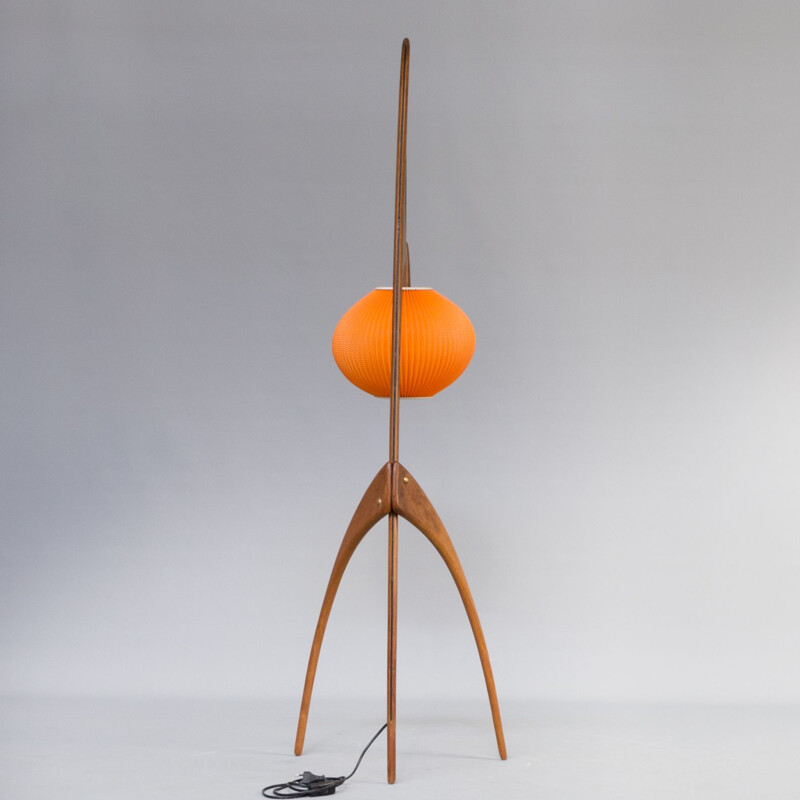 Vintage orange Praying Mantis floorlamp for Rispal France in walnut 1950s