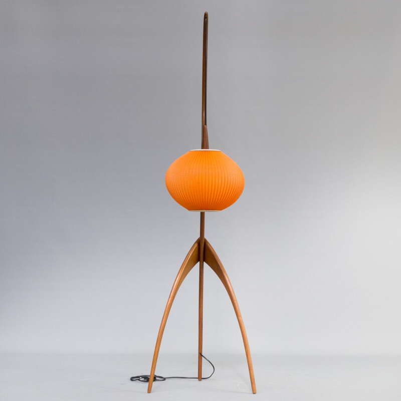 Vintage orange Praying Mantis floorlamp for Rispal France in walnut 1950s