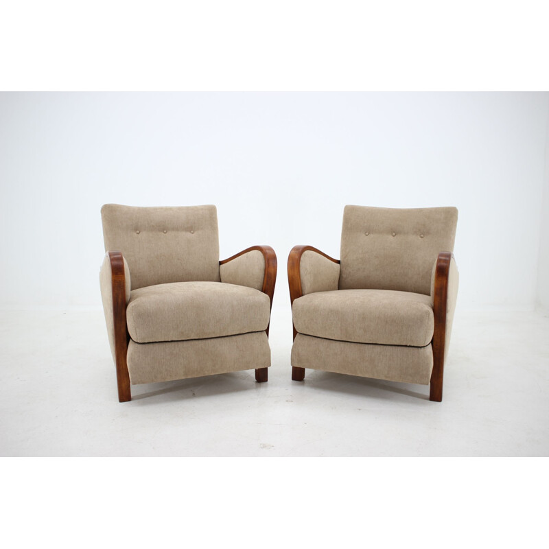 Paire de fauteuils vintage Art Déco en tissu beige et bois 1930