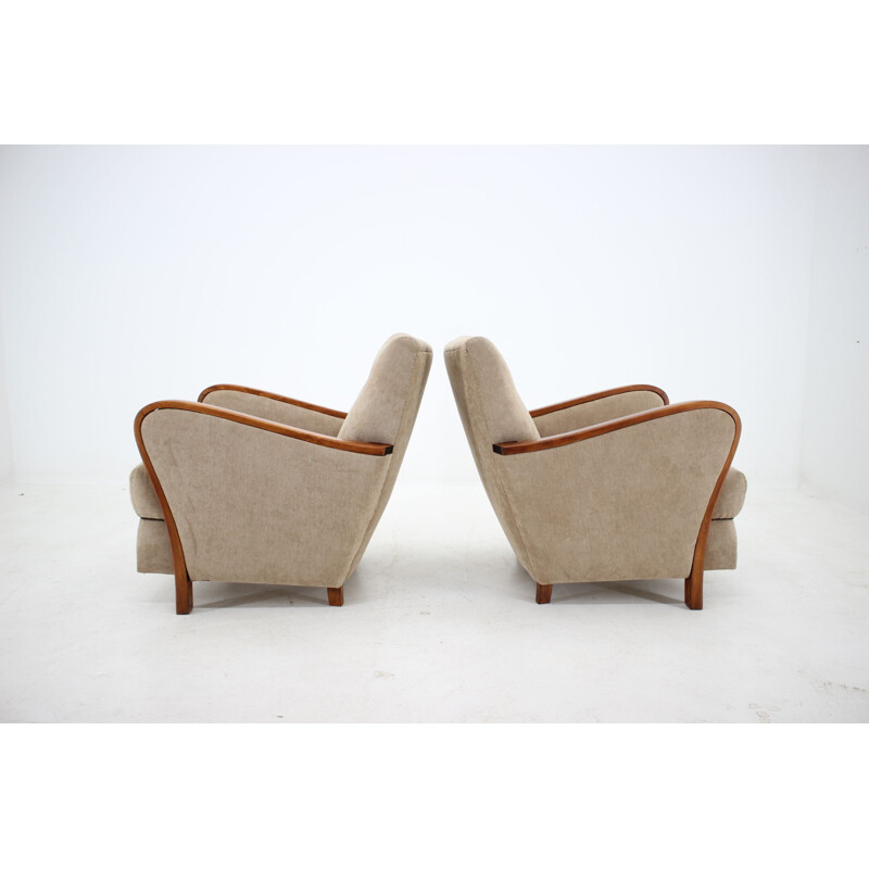Pair of vintage Art Deco Armchairs in beige fabric and wood 1930s