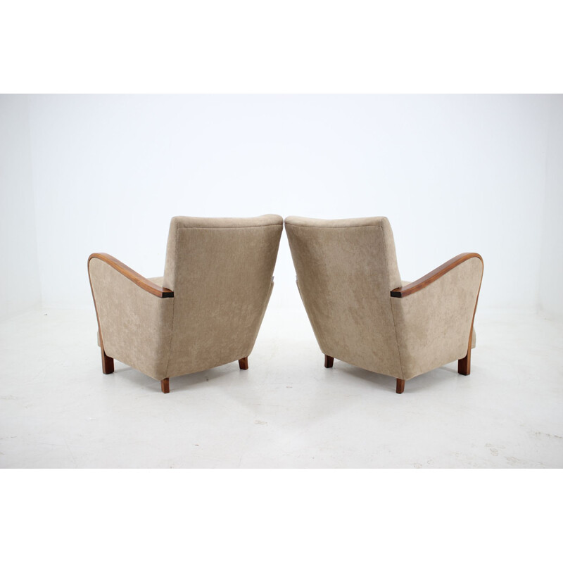 Pair of vintage Art Deco Armchairs in beige fabric and wood 1930s