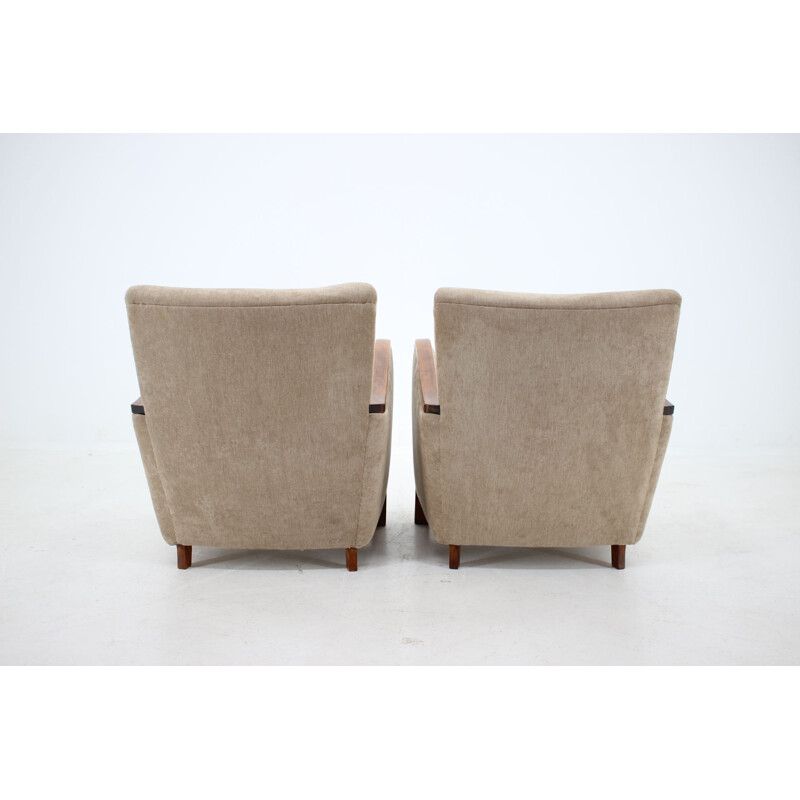 Pair of vintage Art Deco Armchairs in beige fabric and wood 1930s