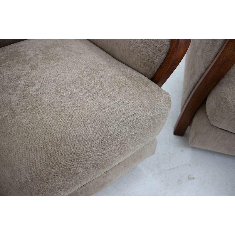 Pair of vintage Art Deco Armchairs in beige fabric and wood 1930s