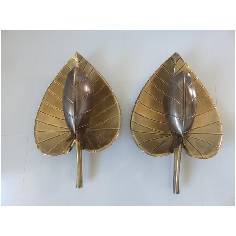 Pair of vintage wall lamps water lily with gilded brass leaf 1970 