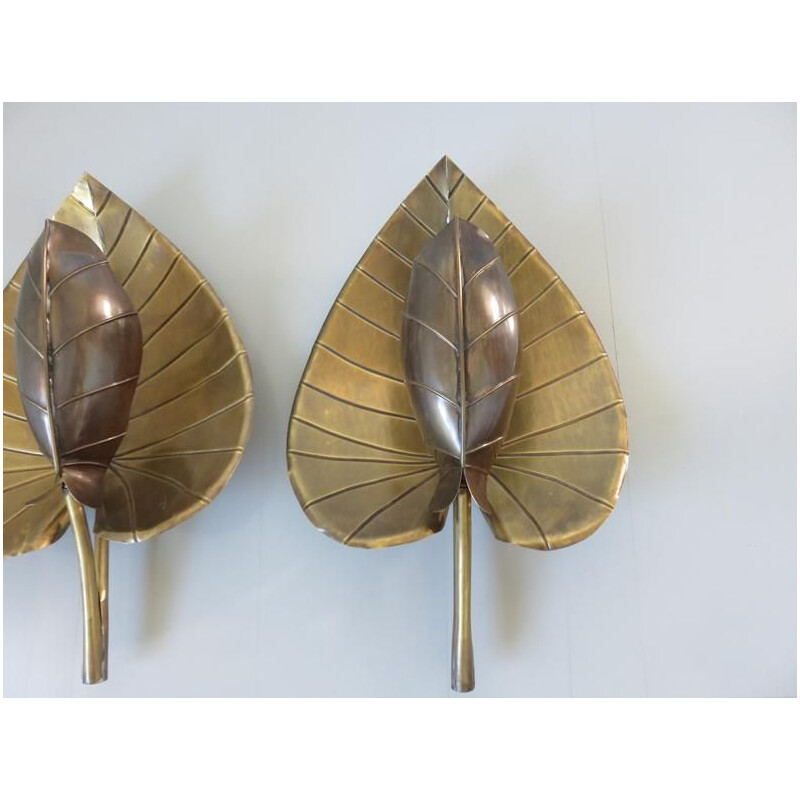 Pair of vintage wall lamps water lily with gilded brass leaf 1970 