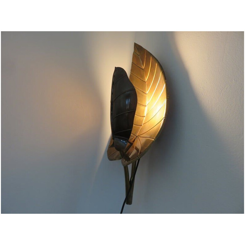 Pair of vintage wall lamps water lily with gilded brass leaf 1970 