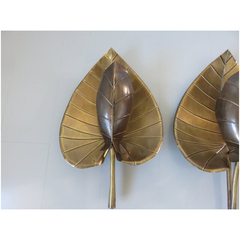 Pair of vintage wall lamps water lily with gilded brass leaf 1970 