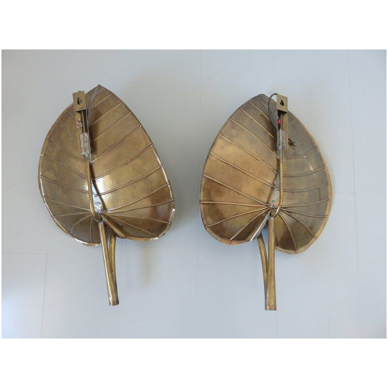 Pair of vintage wall lamps water lily with gilded brass leaf 1970 