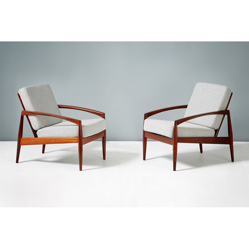 Pair of vintage armchairs in rosewood, teak and grey wool by Kai Kristiansen for Magnus Olesen, Denmark