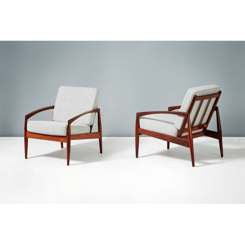 Pair of vintage armchairs in rosewood, teak and grey wool by Kai Kristiansen for Magnus Olesen, Denmark