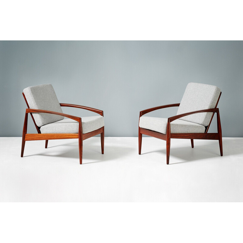 Pair of vintage armchairs in rosewood, teak and grey wool by Kai Kristiansen for Magnus Olesen, Denmark