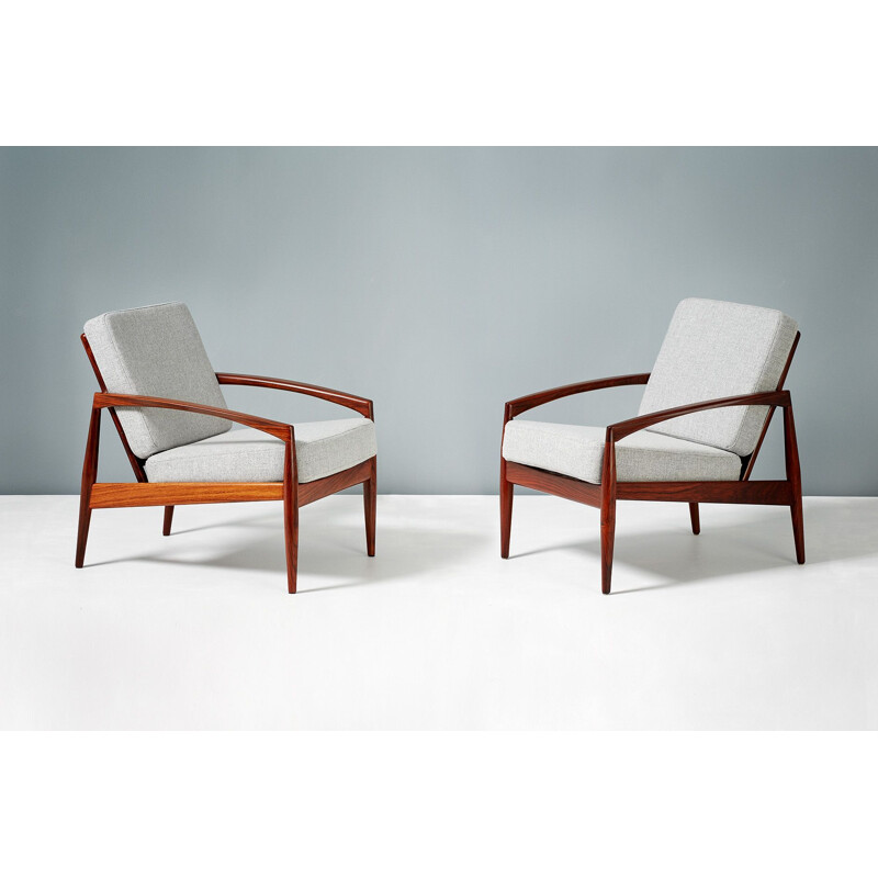 Paire de fauteuils vintage en palissandre, teck et laine gris par Kai Kristiansen pour Magnus Olesen, Danemark