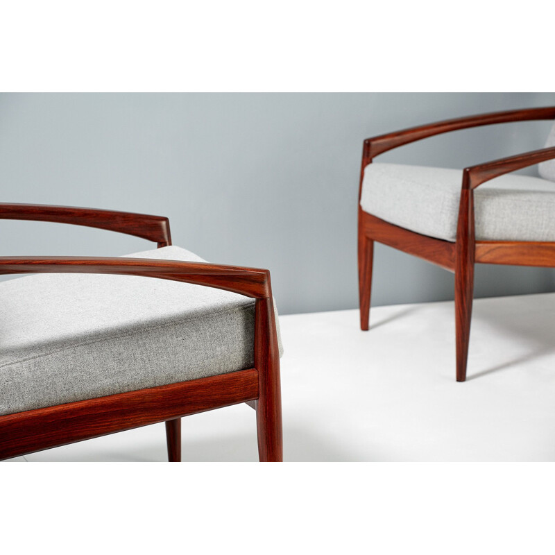 Pair of vintage armchairs in rosewood, teak and grey wool by Kai Kristiansen for Magnus Olesen, Denmark