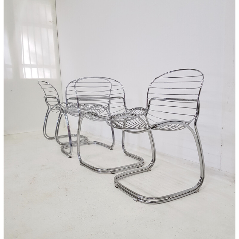 Suite de 6 chaises vintage Sabrina de Rinaldi en métal et daim bleu 1970