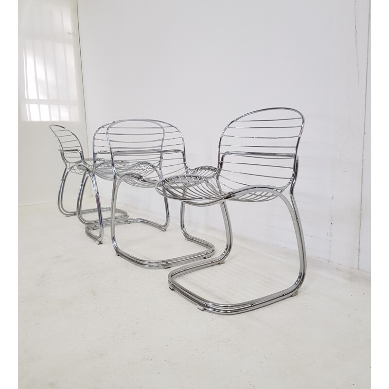 Suite de 6 chaises vintage Sabrina de Rinaldi en métal et daim bleu 1970