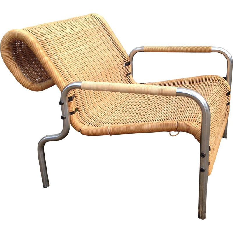 Vintage dutch armchair by Martin Visser in rattan and chrome 1960s