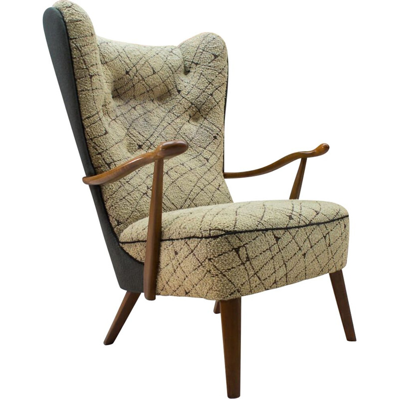 Vintage cocktail Wingback armchair in beige fabric 1950s