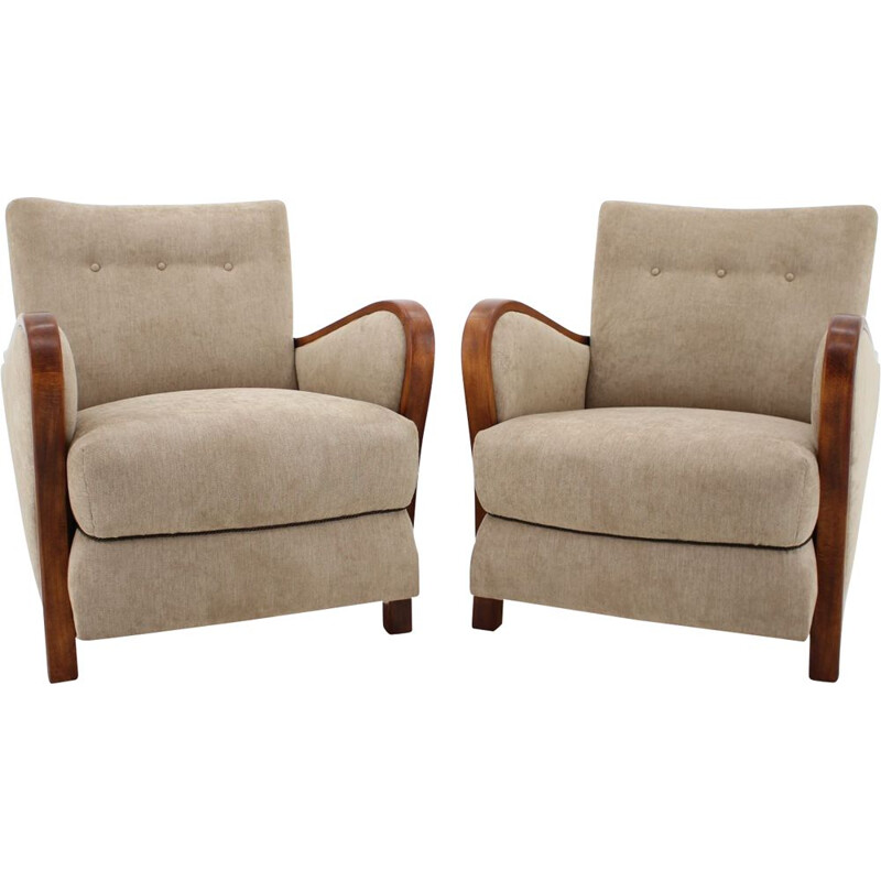 Pair of vintage Art Deco Armchairs in beige fabric and wood 1930s