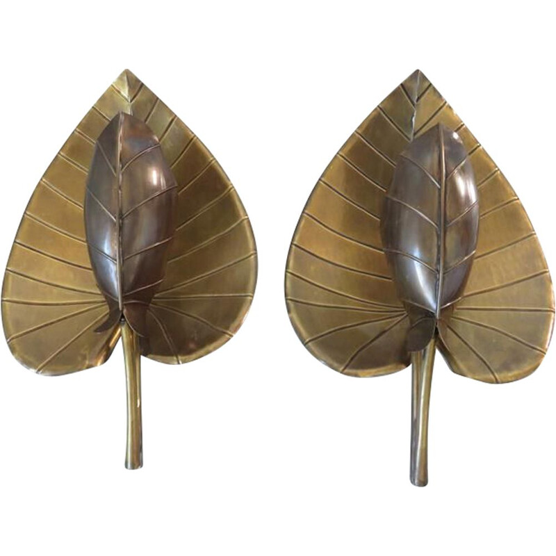 Pair of vintage wall lamps water lily with gilded brass leaf 1970 