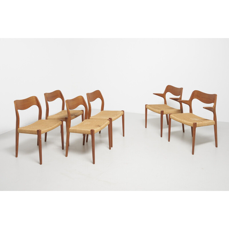 Set of 6 vintage chairs for J.L. Møllers in teakwood and papercord 1950s