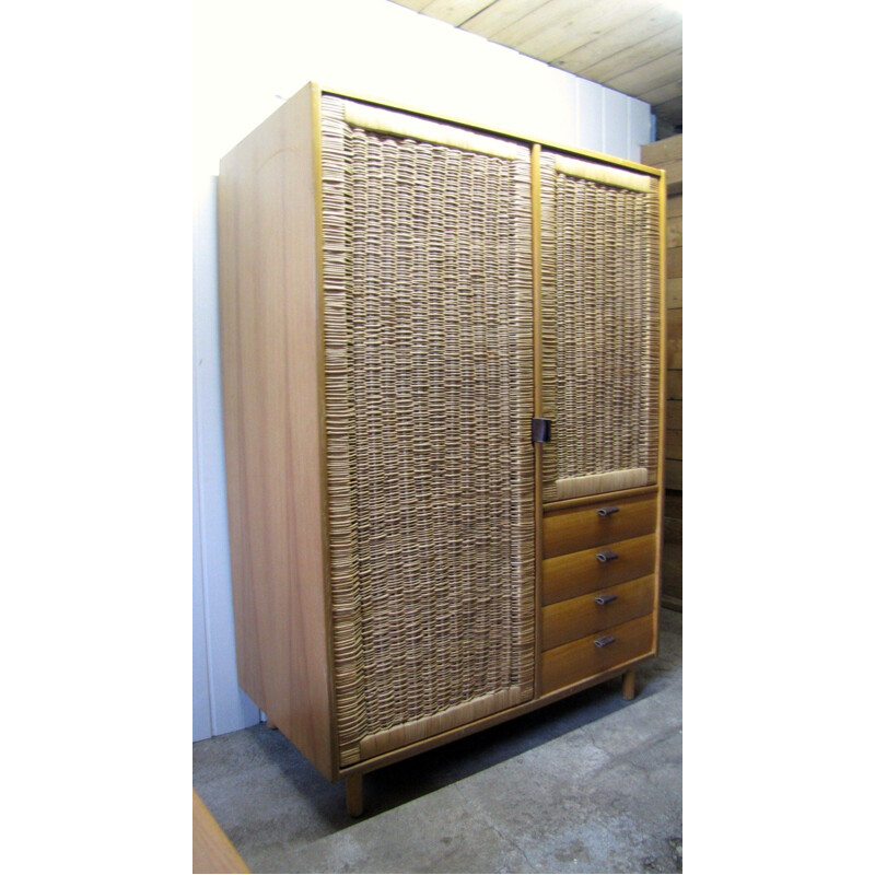 Vintage german wardrobe cabinet by Muggenthaler in beech and wicker 1960